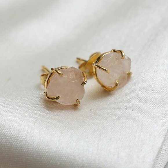 Gempires Natural Raw Rose Quartz Prong Setting Stud Earrings Crystal Gemstone Ha - Picture 8 of 9